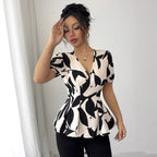 Abstract Print Puff-Sleeve Peplum Blouse