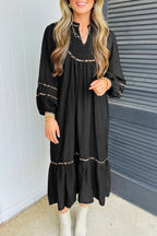 Leopard-Trim Split-Neck Long-Sleeve Midi Dress