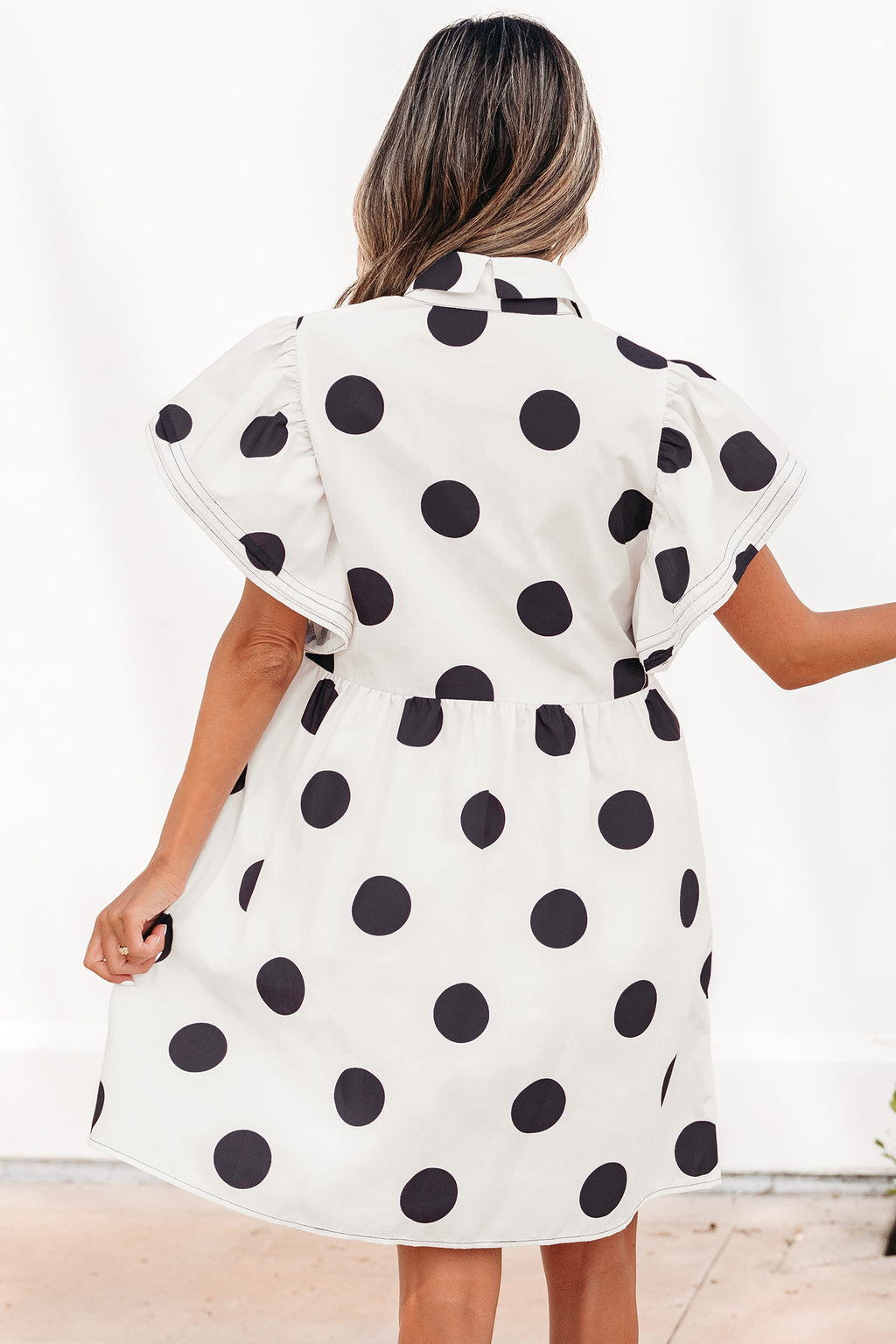 White Polka Dot Ruffle Sleeve Half Button Mini Dress