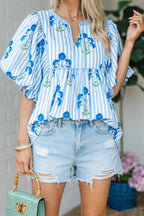 Floral Tie-Neck Puff-Sleeve Blouse