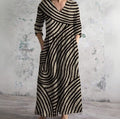 Swirl-Stripe V-Neck Long-Sleeve Maxi Dress